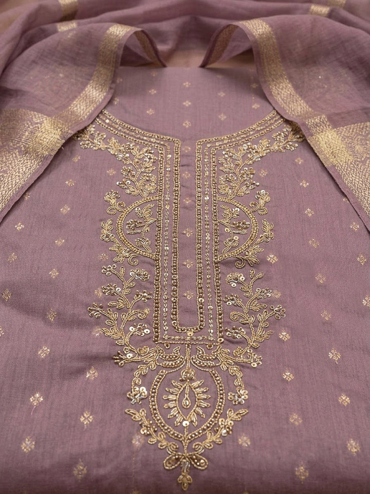 Lavender Chanderi Embroidered Unstitched Dress Material