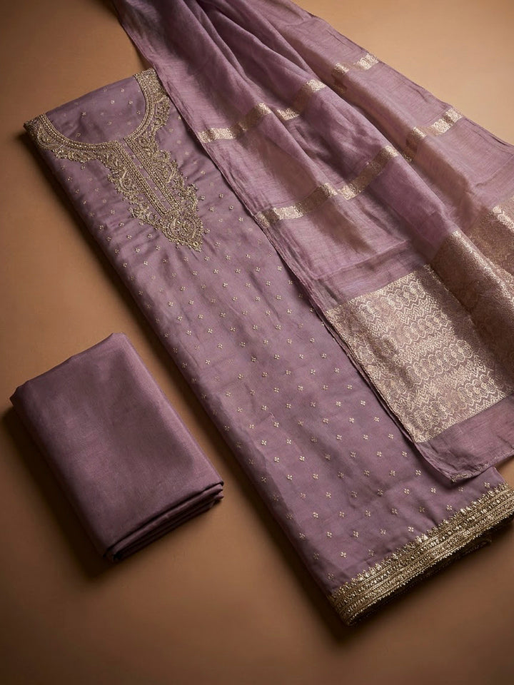 Lavender Chanderi Embroidered Unstitched Dress Material