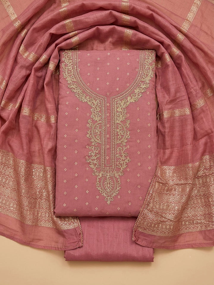 Peach Chanderi Embroidered Unstitched Dress Material
