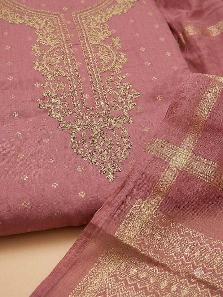 Peach Chanderi Embroidered Unstitched Dress Material