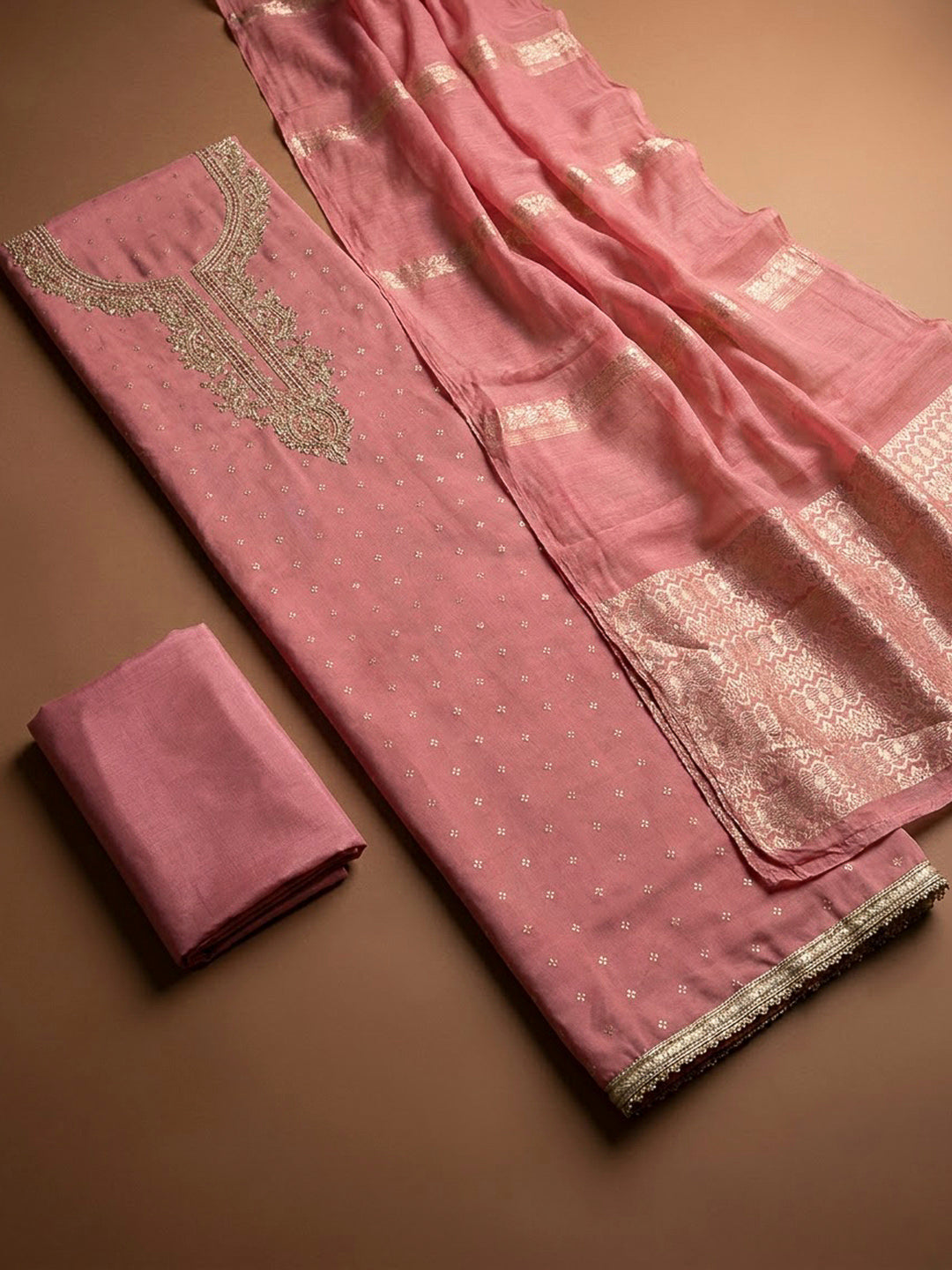 Peach Chanderi Embroidered Unstitched Dress Material