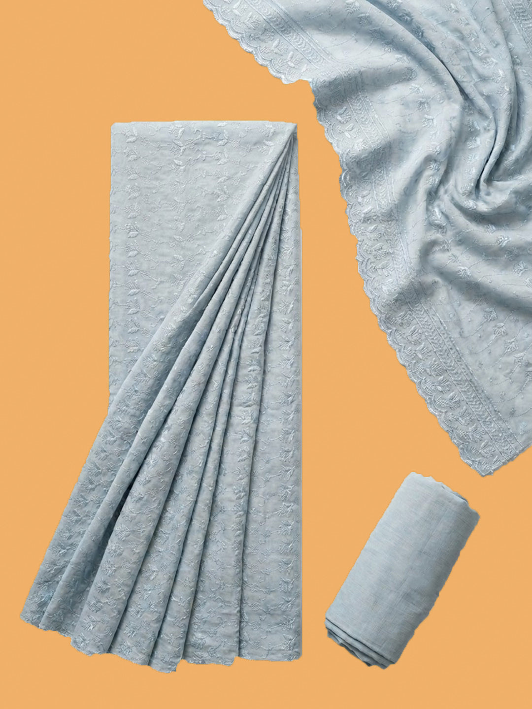 Grey Embroidered Cotton Blend Unstitched Suit &amp; Pant With Cotton Dupatta