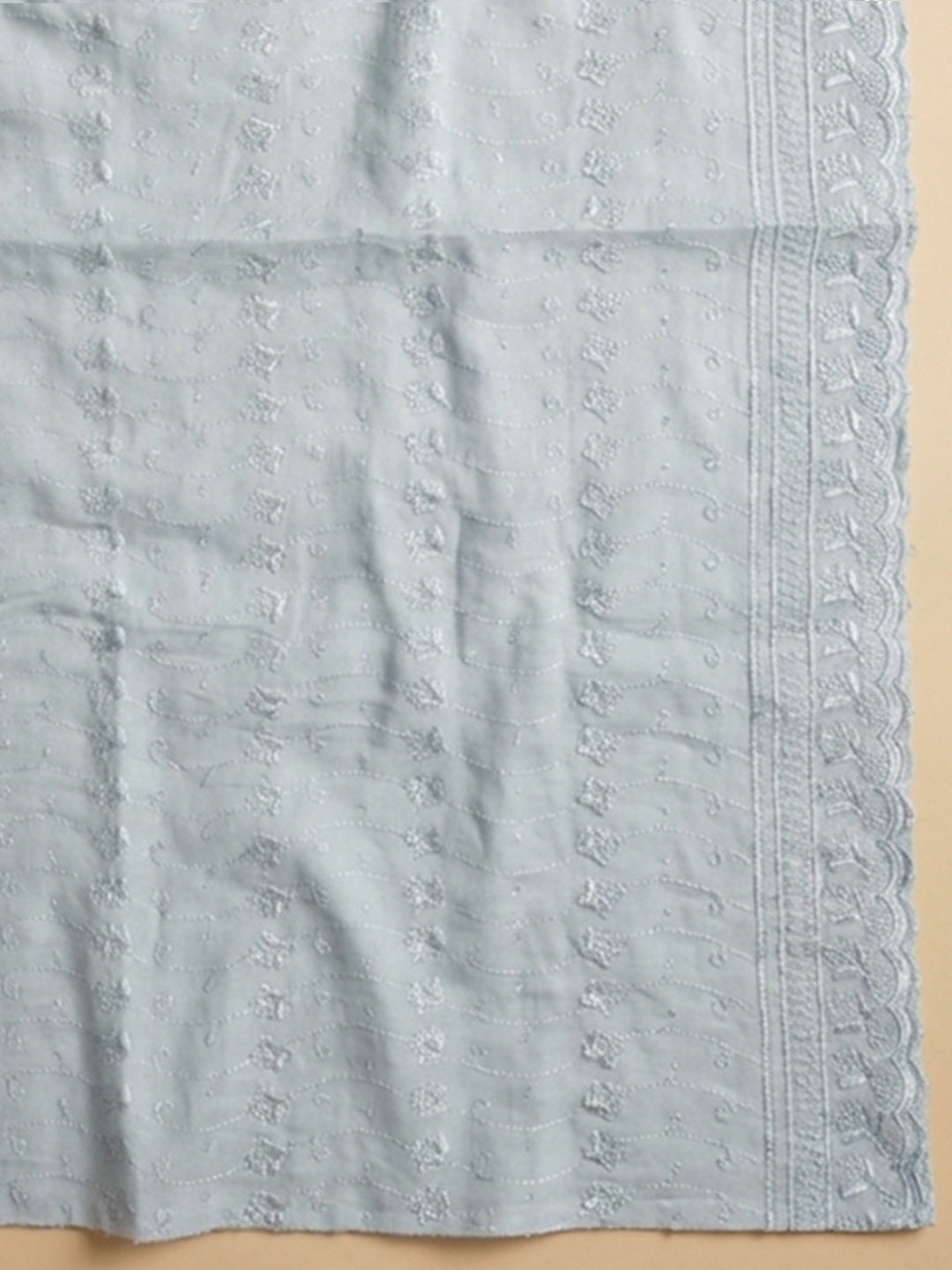 Grey Embroidered Cotton Blend Unstitched Suit &amp; Pant With Cotton Dupatta