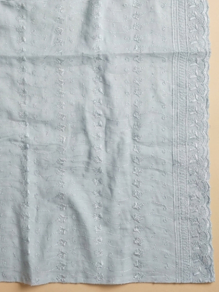 Grey Embroidered Cotton Blend Unstitched Suit &amp; Pant With Cotton Dupatta