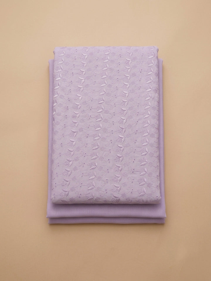 Lavender Embroidered Cotton Blend Unstitched Suit &amp; Pant With Cotton Dupatta