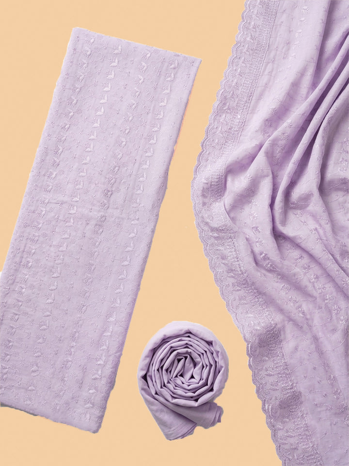 Lavender Embroidered Cotton Blend Unstitched Suit &amp; Pant With Cotton Dupatta