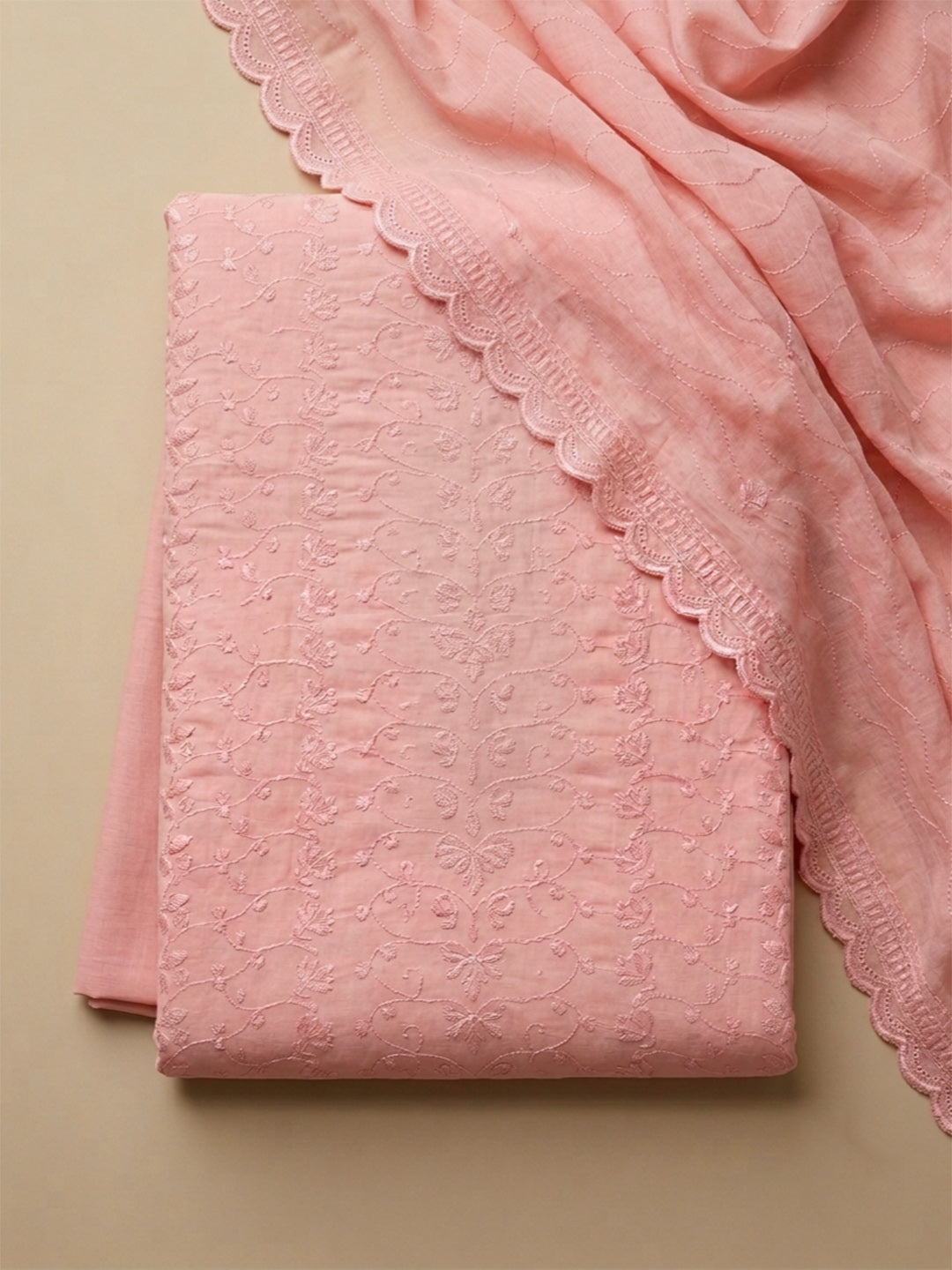 Peach Embroidered Cotton Blend Unstitched Suit &amp; Pant With Cotton Dupatta