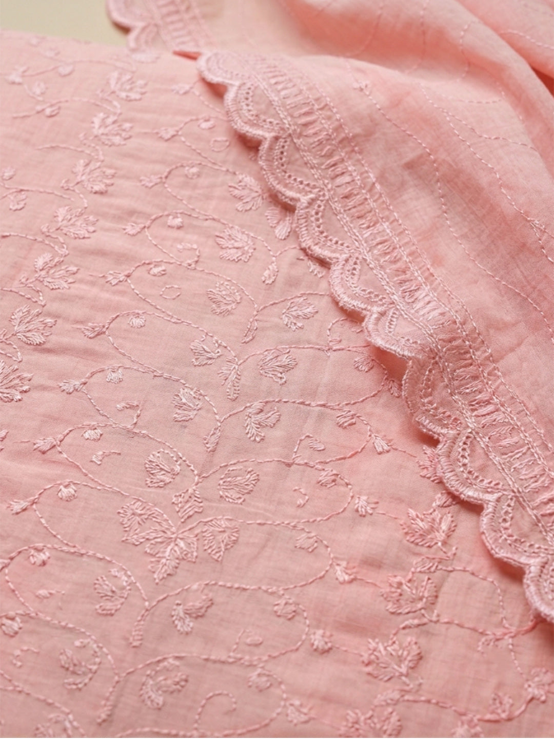 Peach Embroidered Cotton Blend Unstitched Suit &amp; Pant With Cotton Dupatta