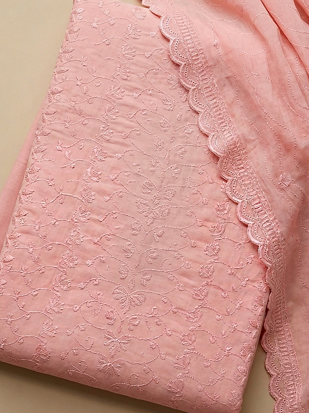 Peach Embroidered Cotton Blend Unstitched Suit &amp; Pant With Cotton Dupatta