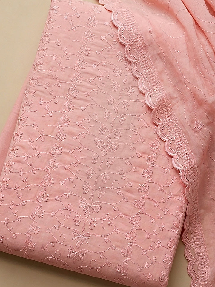 Peach Embroidered Cotton Blend Unstitched Suit &amp; Pant With Cotton Dupatta