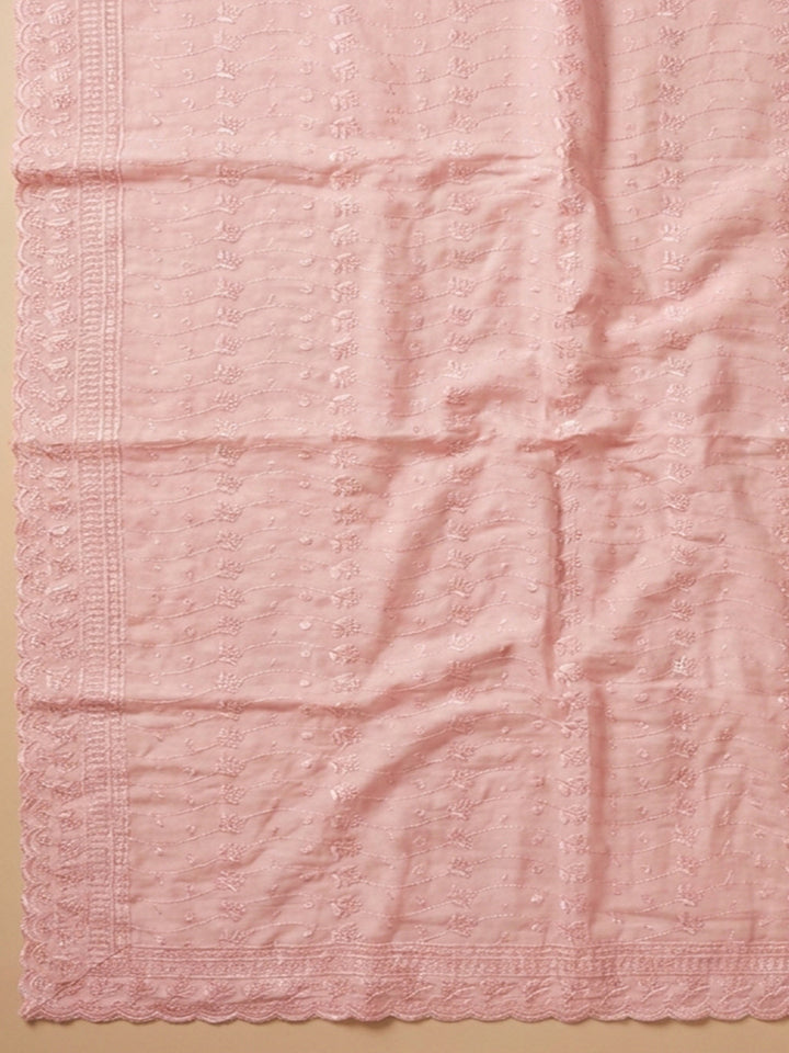 Peach Embroidered Cotton Blend Unstitched Suit &amp; Pant With Cotton Dupatta