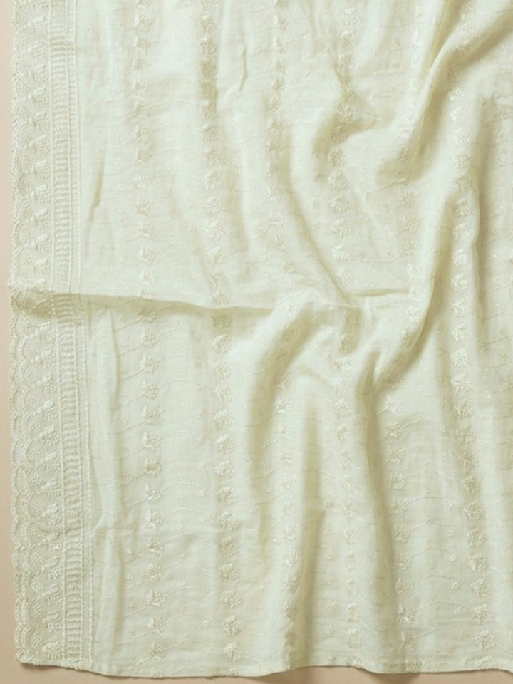Pista Green Embroidered Cotton Blend Unstitched Suit &amp; Pant With Cotton Dupatta