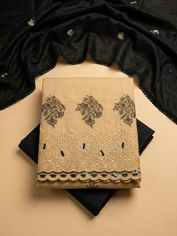 Mustard Embroidered Cotton Blend Unstitched Suit &amp; Pant With Cotton Dupatta