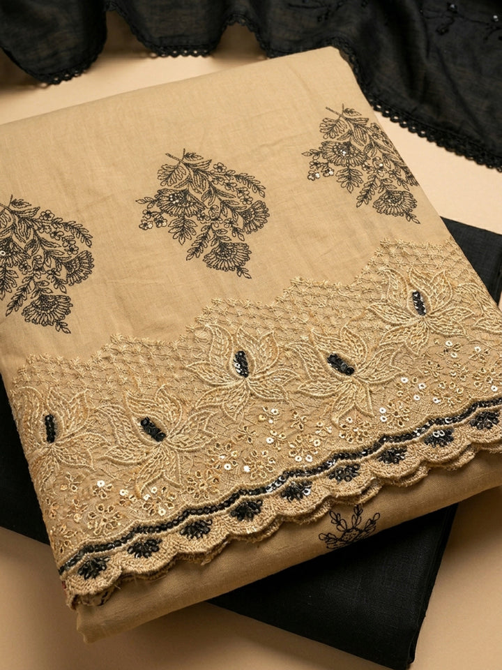 Mustard Embroidered Cotton Blend Unstitched Suit &amp; Pant With Cotton Dupatta