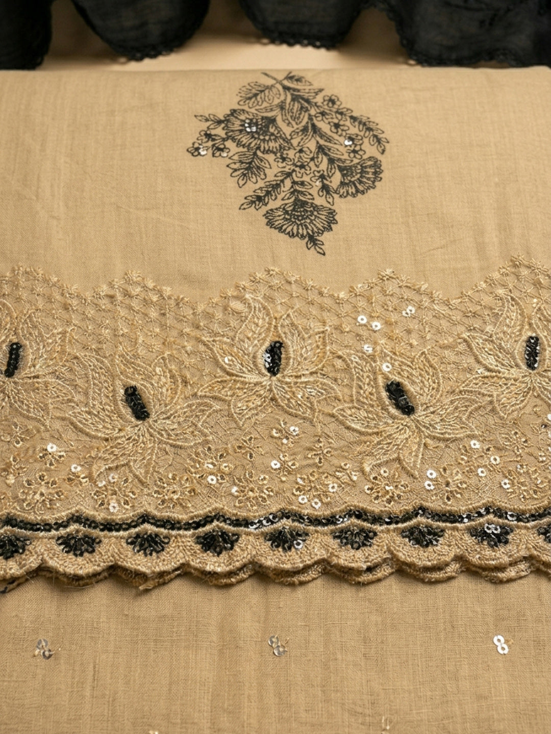 Mustard Embroidered Cotton Blend Unstitched Suit &amp; Pant With Cotton Dupatta