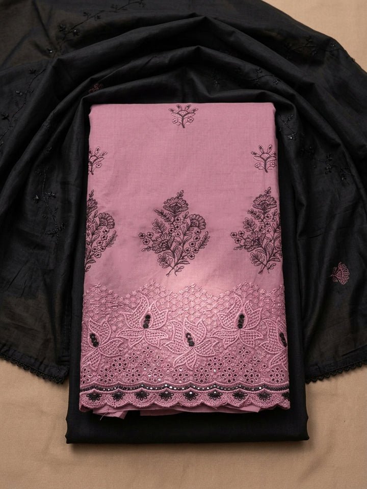 Onion Pink Embroidered Cotton Blend Unstitched Suit &amp; Pant With Cotton Dupatta
