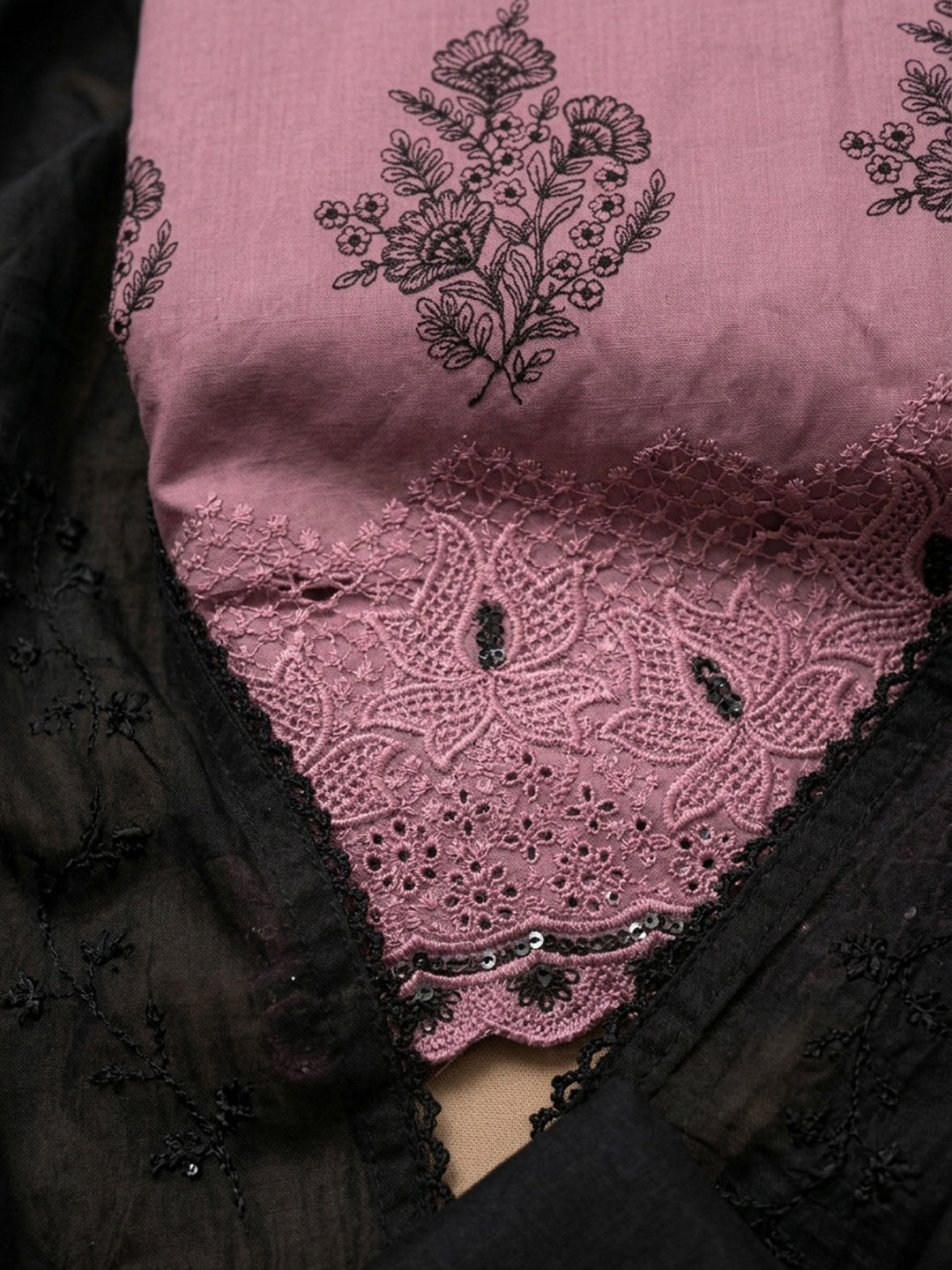 Onion Pink Embroidered Cotton Blend Unstitched Suit &amp; Pant With Cotton Dupatta