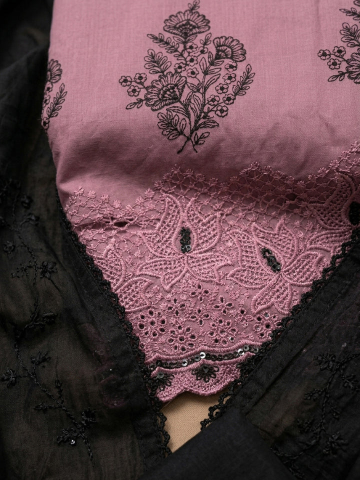 Onion Pink Embroidered Cotton Blend Unstitched Suit &amp; Pant With Cotton Dupatta