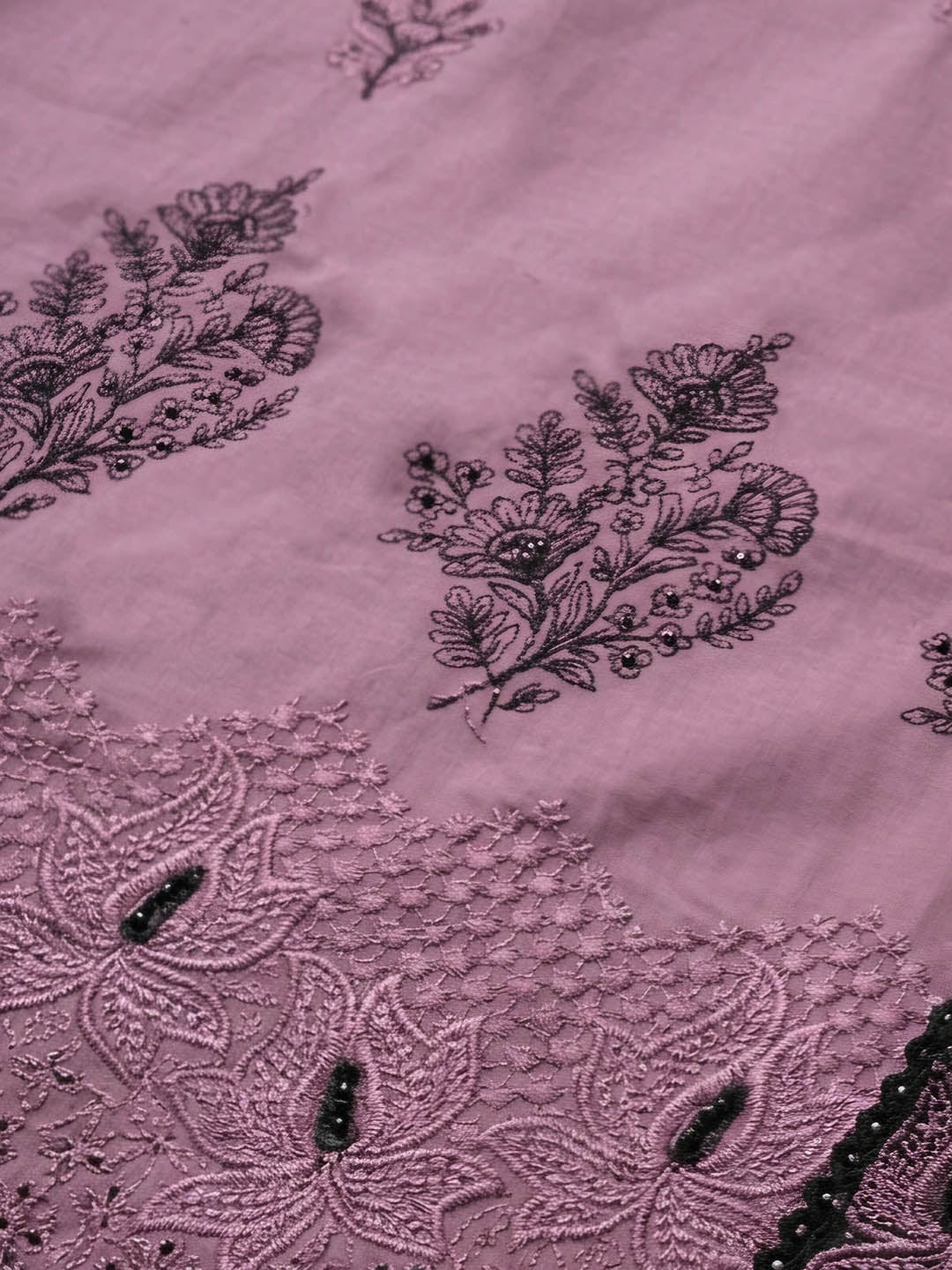Onion Pink Embroidered Cotton Blend Unstitched Suit &amp; Pant With Cotton Dupatta