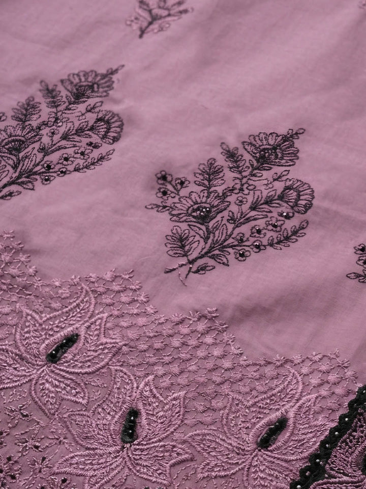Onion Pink Embroidered Cotton Blend Unstitched Suit &amp; Pant With Cotton Dupatta