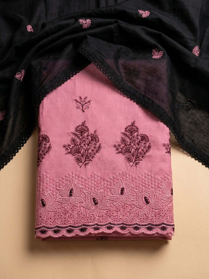 Peach Embroidered Cotton Blend Unstitched Suit &amp; Pant With Cotton Dupatta