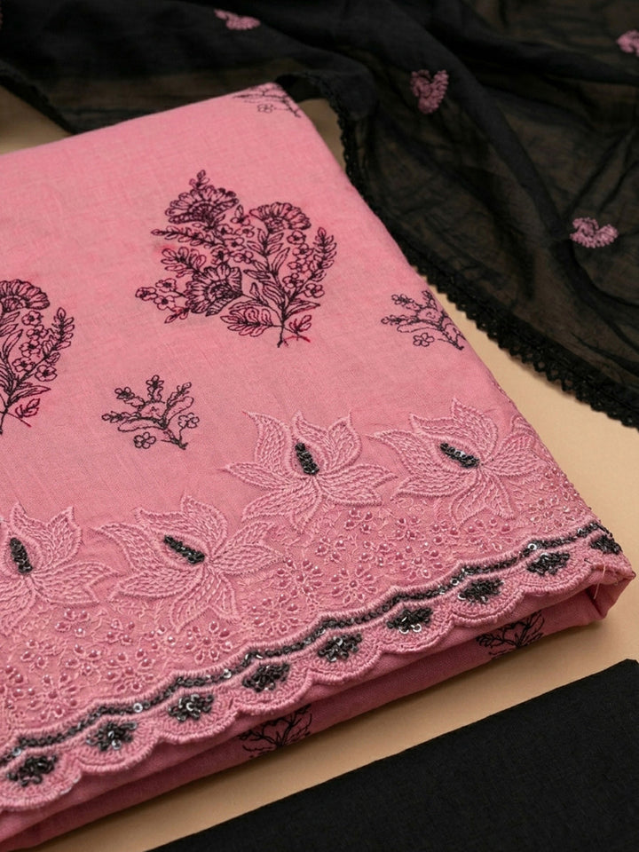 Peach Embroidered Cotton Blend Unstitched Suit &amp; Pant With Cotton Dupatta