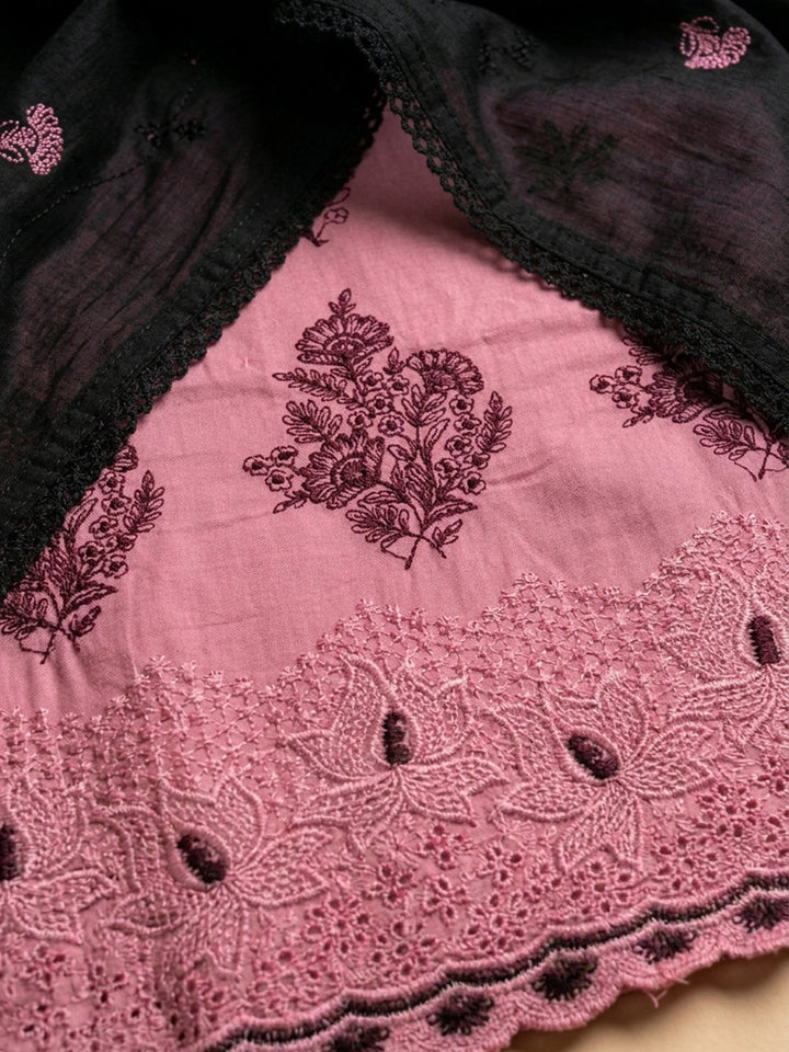 Peach Embroidered Cotton Blend Unstitched Suit &amp; Pant With Cotton Dupatta