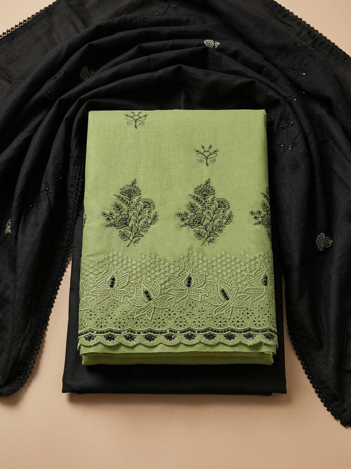 Pista Green Embroidered Cotton Blend Unstitched Suit &amp; Pant With Cotton Dupatta