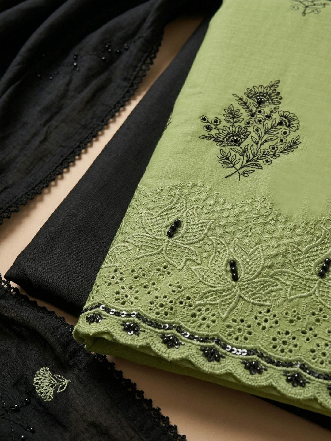 Pista Green Embroidered Cotton Blend Unstitched Suit &amp; Pant With Cotton Dupatta
