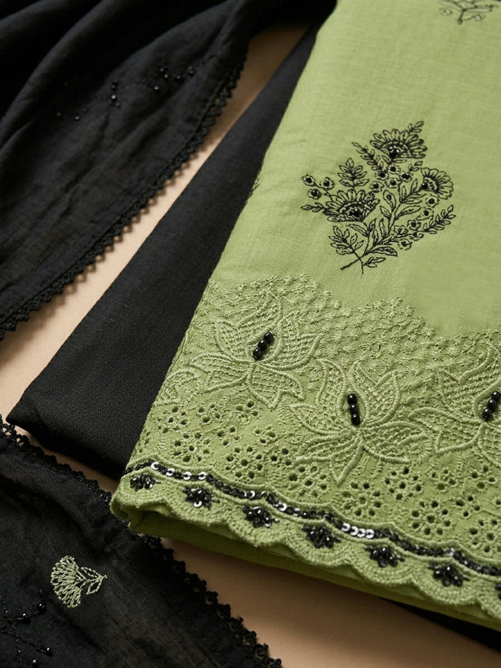 Pista Green Embroidered Cotton Blend Unstitched Suit &amp; Pant With Cotton Dupatta