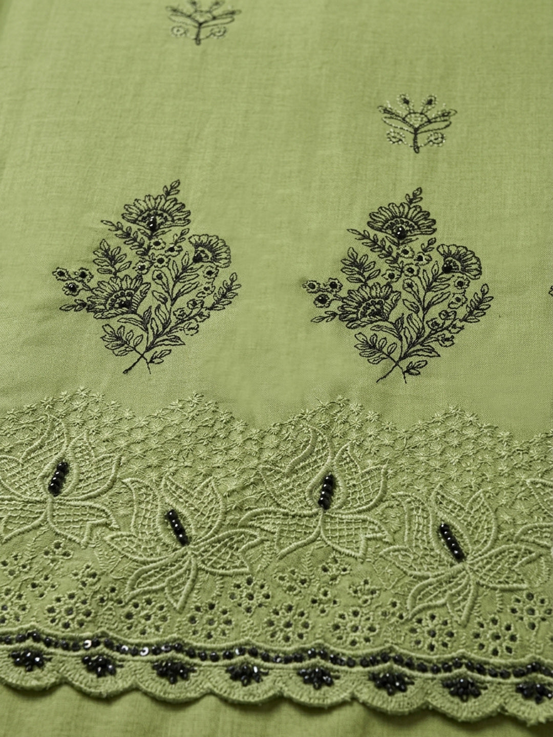 Pista Green Embroidered Cotton Blend Unstitched Suit &amp; Pant With Cotton Dupatta