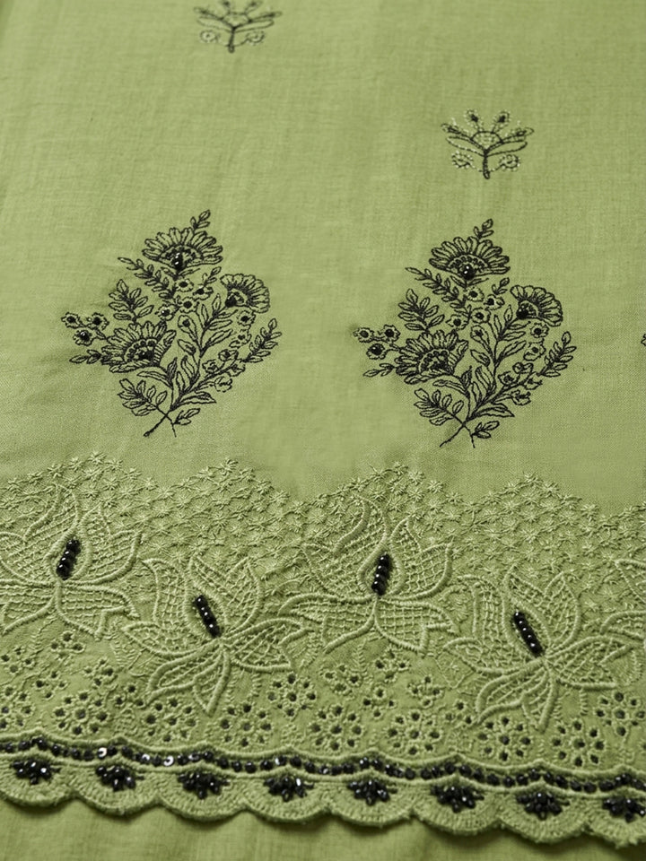 Pista Green Embroidered Cotton Blend Unstitched Suit &amp; Pant With Cotton Dupatta