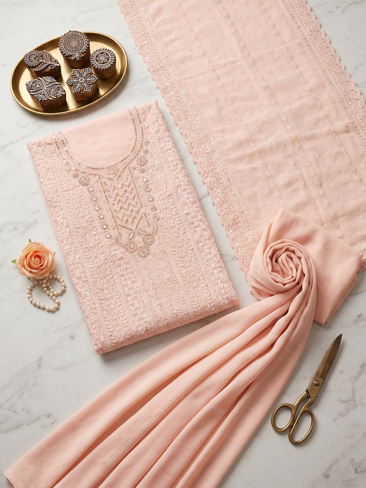 Peach Embroidered Cotton Blend Unstitched Suit &amp; Pant With Cotton Dupatta