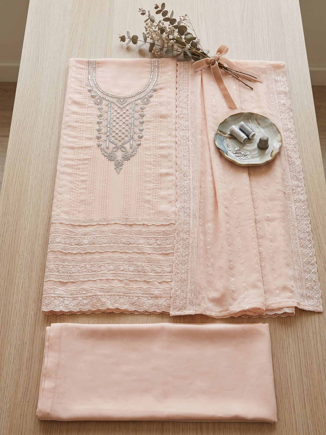Peach Embroidered Cotton Blend Unstitched Suit &amp; Pant With Cotton Dupatta