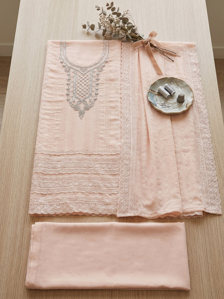 Peach Embroidered Cotton Blend Unstitched Suit &amp; Pant With Cotton Dupatta