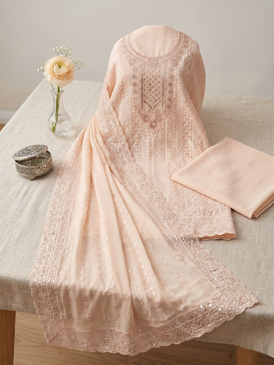 Peach Embroidered Cotton Blend Unstitched Suit &amp; Pant With Cotton Dupatta