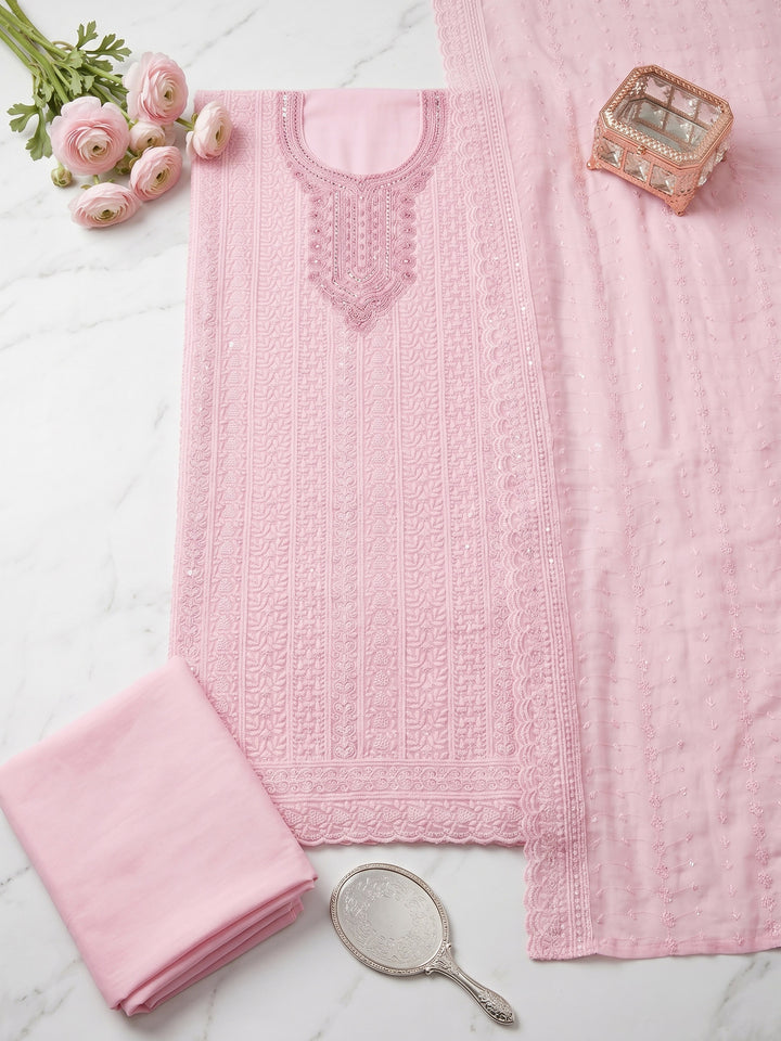 Pink Embroidered Cotton Blend Unstitched Suit &amp; Pant With Cotton Dupatta