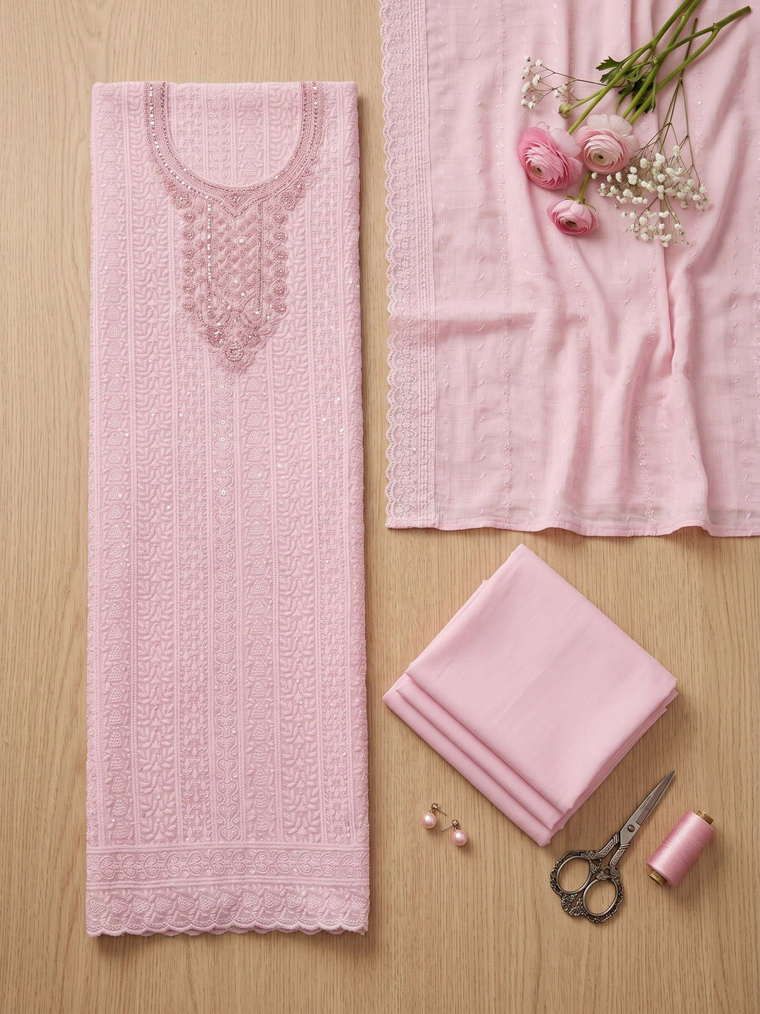 Pink Embroidered Cotton Blend Unstitched Suit &amp; Pant With Cotton Dupatta