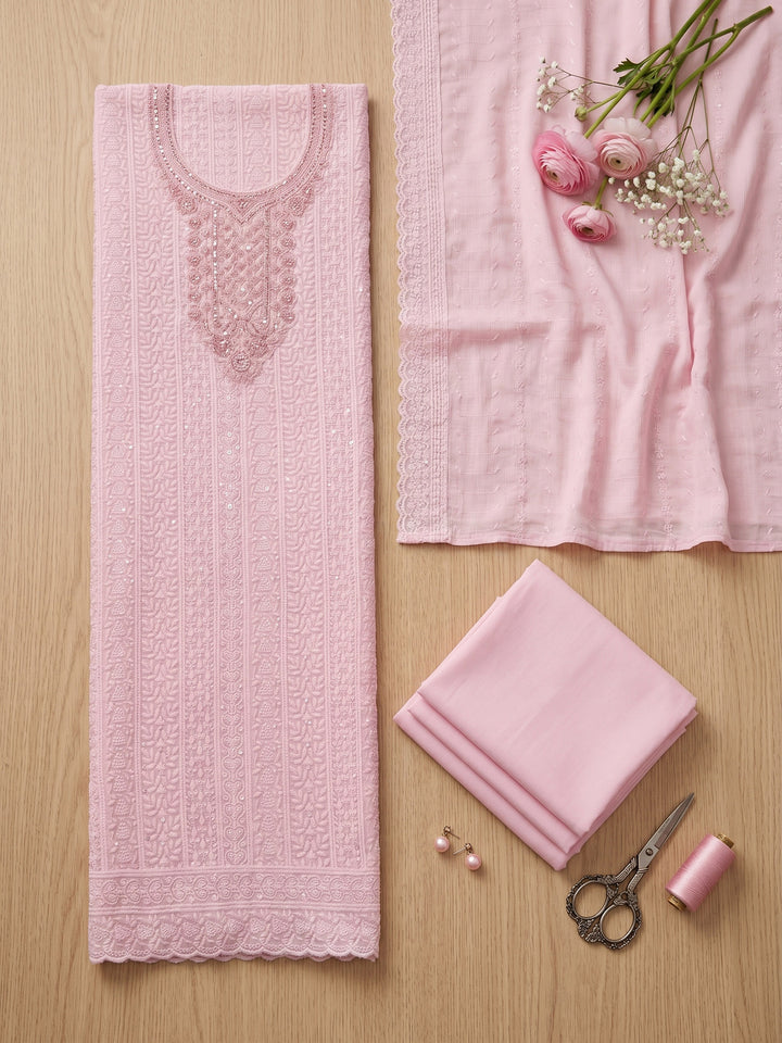 Pink Embroidered Cotton Blend Unstitched Suit &amp; Pant With Cotton Dupatta