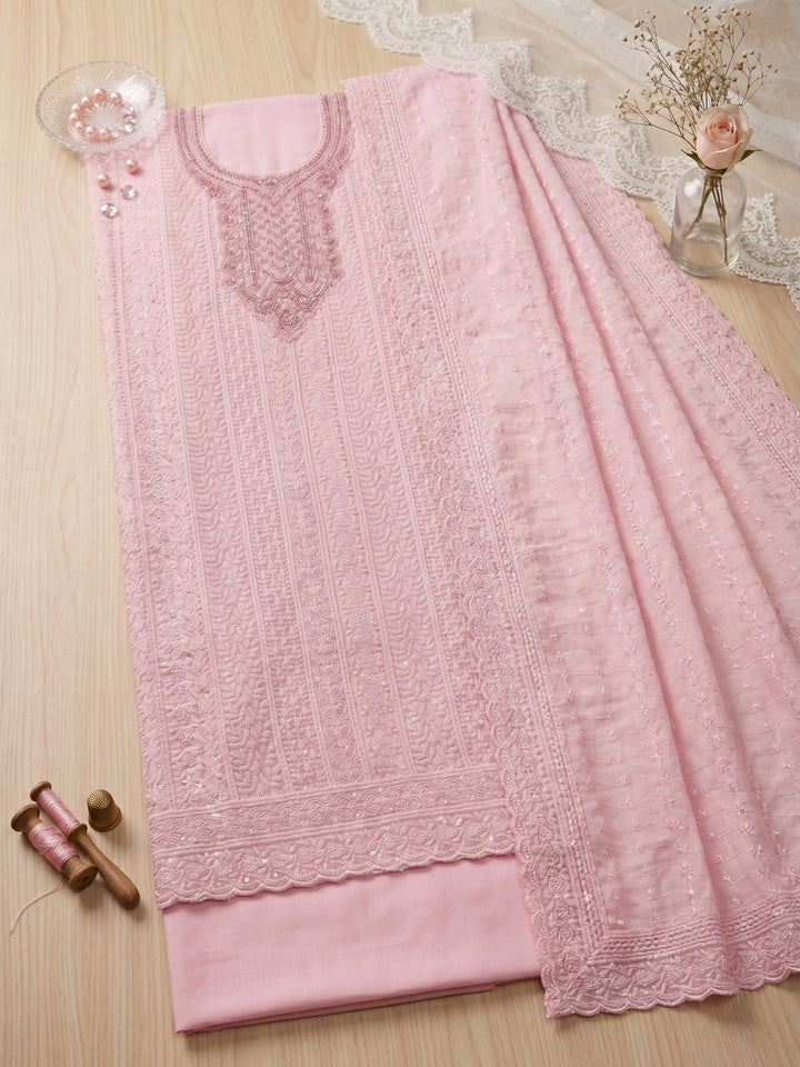 Pink Embroidered Cotton Blend Unstitched Suit &amp; Pant With Cotton Dupatta