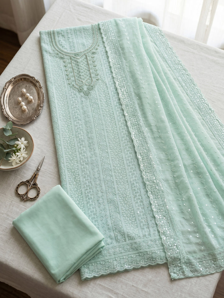 Sea Green Embroidered Cotton Blend Unstitched Suit &amp; Pant With Cotton Dupatta
