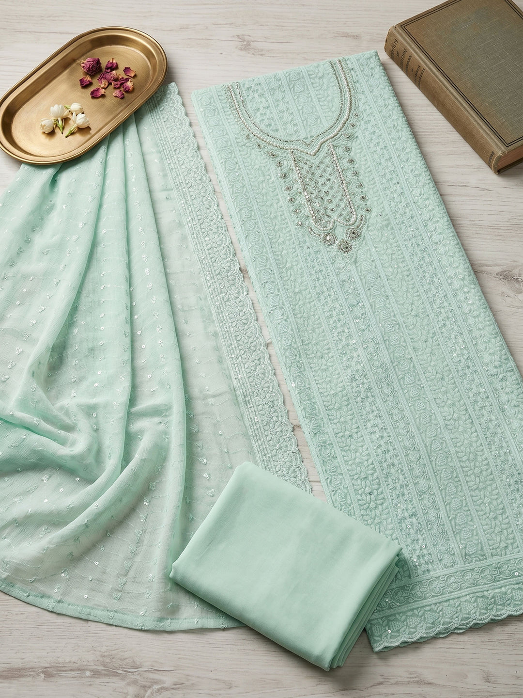 Sea Green Embroidered Cotton Blend Unstitched Suit &amp; Pant With Cotton Dupatta