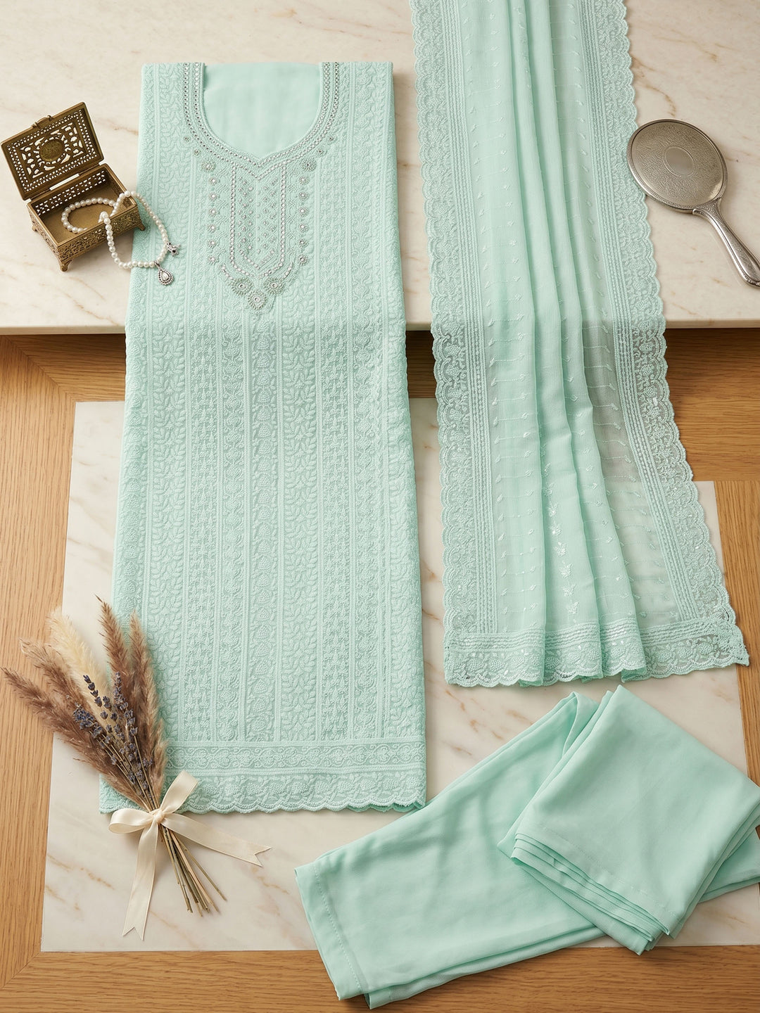 Sea Green Embroidered Cotton Blend Unstitched Suit &amp; Pant With Cotton Dupatta