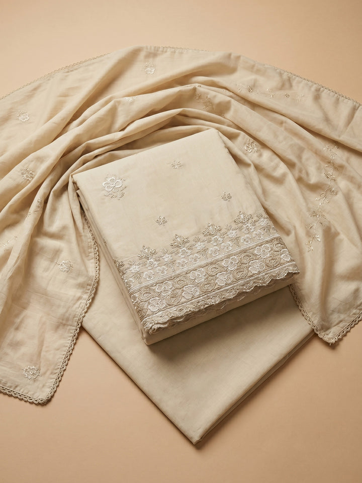 Beige Embroidered Cotton Blend Unstitched Suit &amp; Pant With Cotton Dupatta