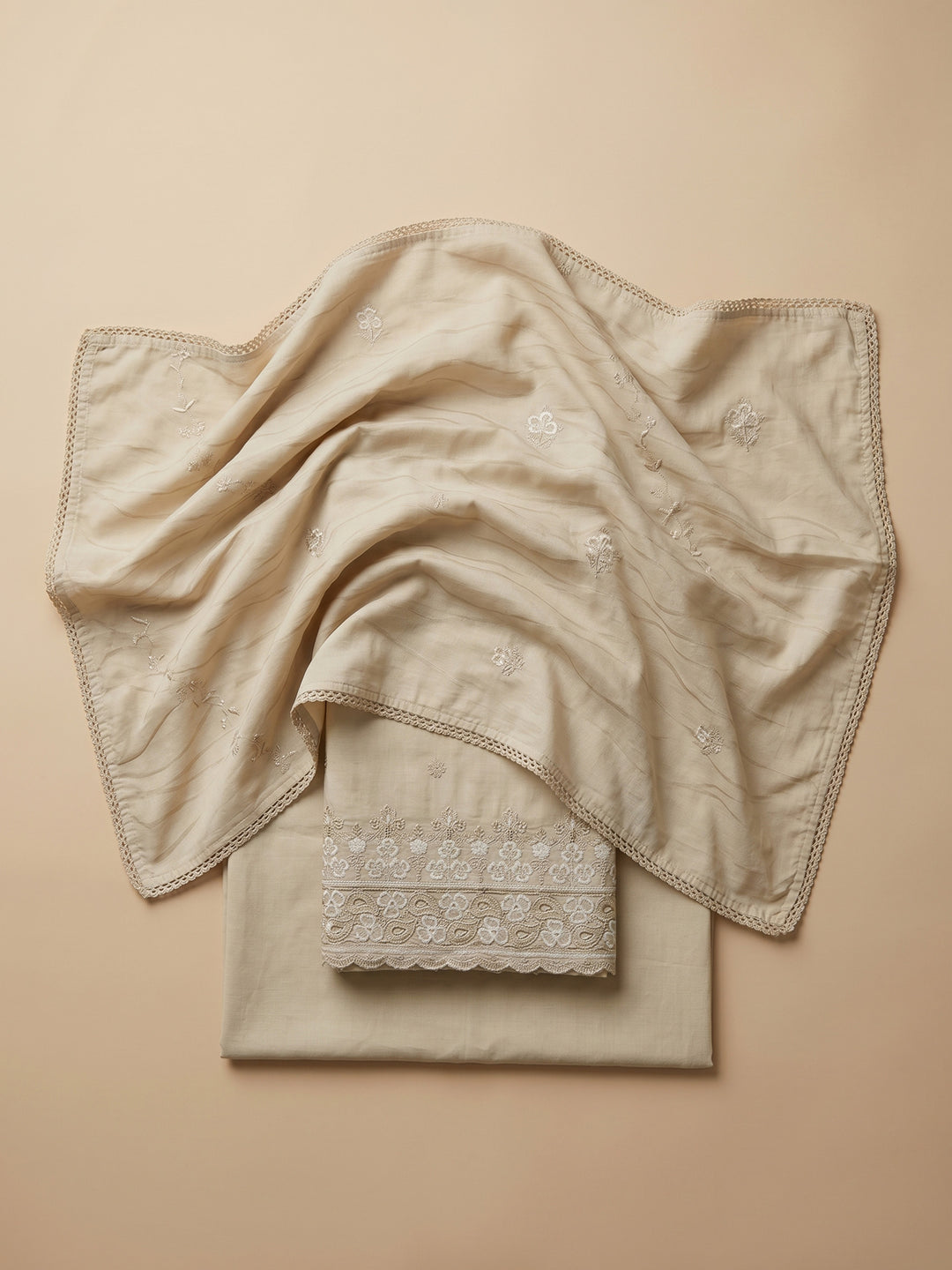 Beige Embroidered Cotton Blend Unstitched Suit &amp; Pant With Cotton Dupatta