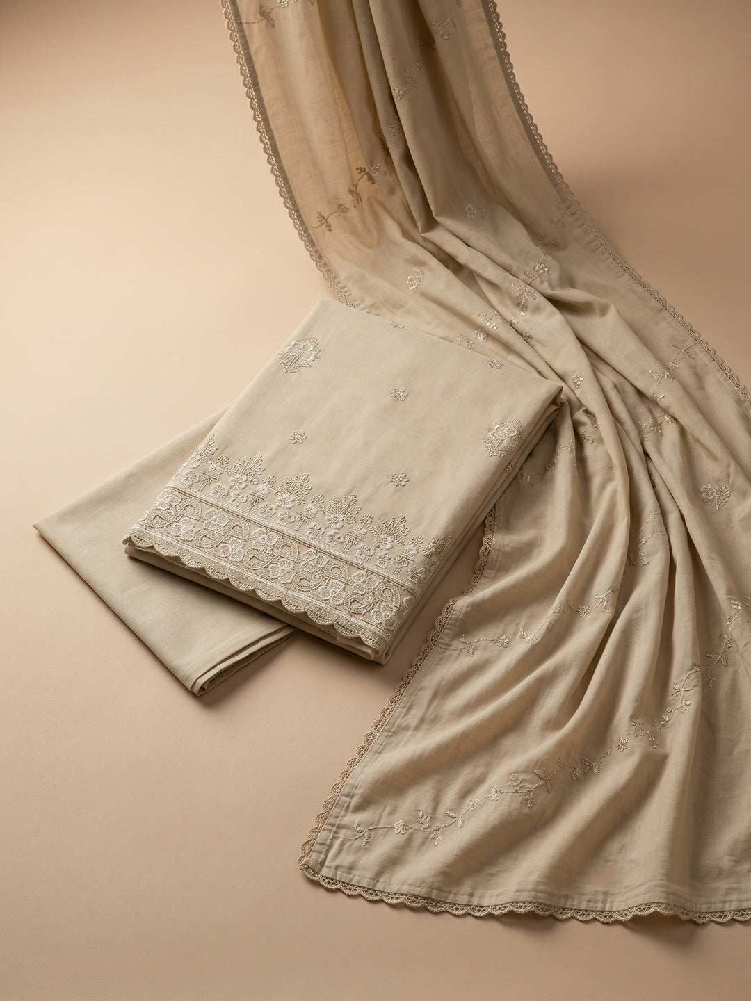 Beige Embroidered Cotton Blend Unstitched Suit &amp; Pant With Cotton Dupatta