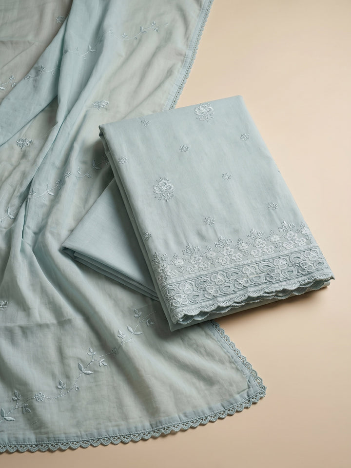 Grey Embroidered Cotton Blend Unstitched Suit &amp; Pant With Cotton Dupatta