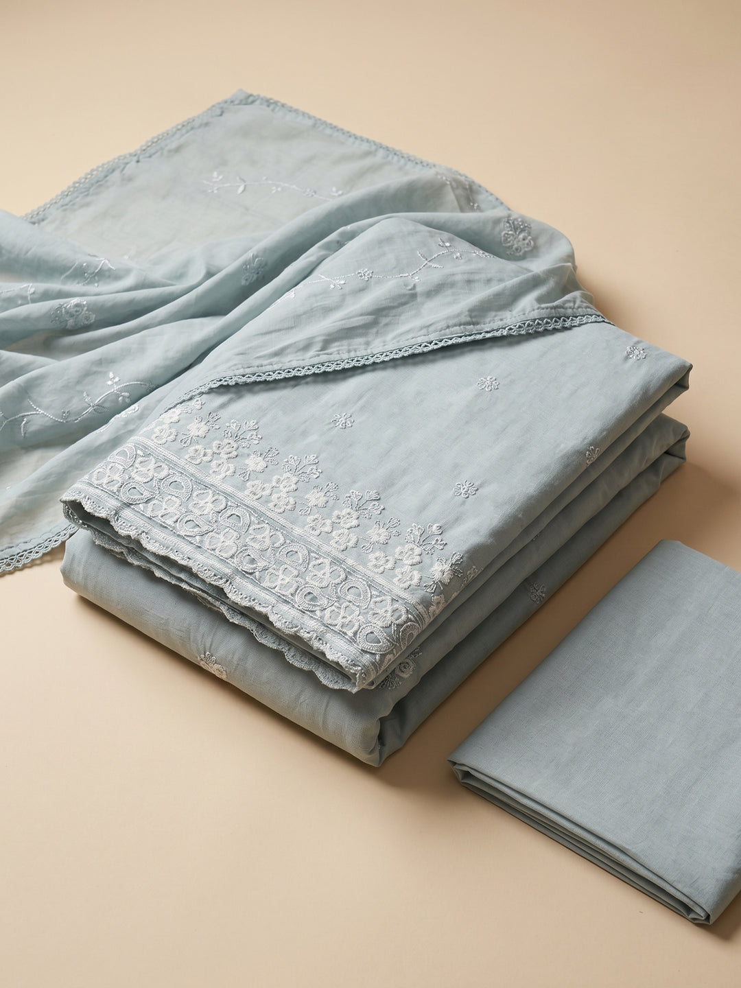Grey Embroidered Cotton Blend Unstitched Suit &amp; Pant With Cotton Dupatta