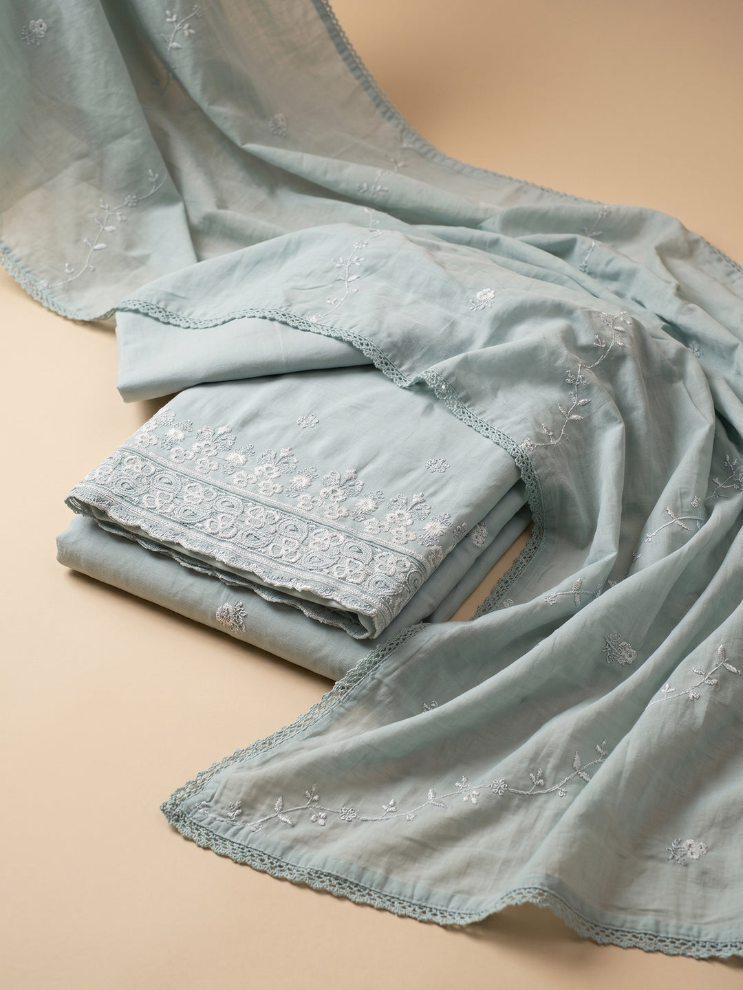 Grey Embroidered Cotton Blend Unstitched Suit &amp; Pant With Cotton Dupatta