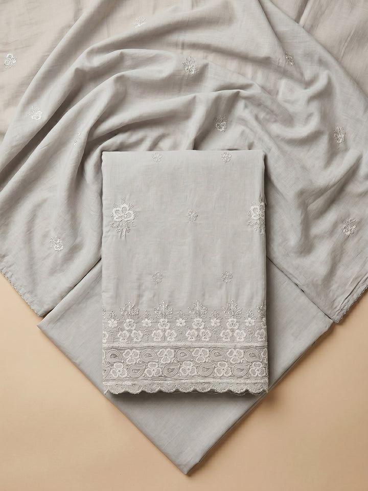 Mouse Embroidered Cotton Blend Unstitched Suit &amp; Pant With Cotton Dupatta